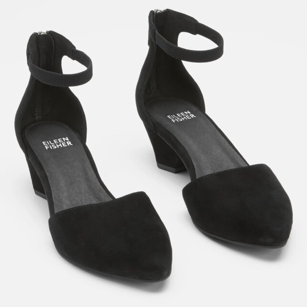 EILEEN FISHER Just Black Suede Ankle-Strap Pump Size 7